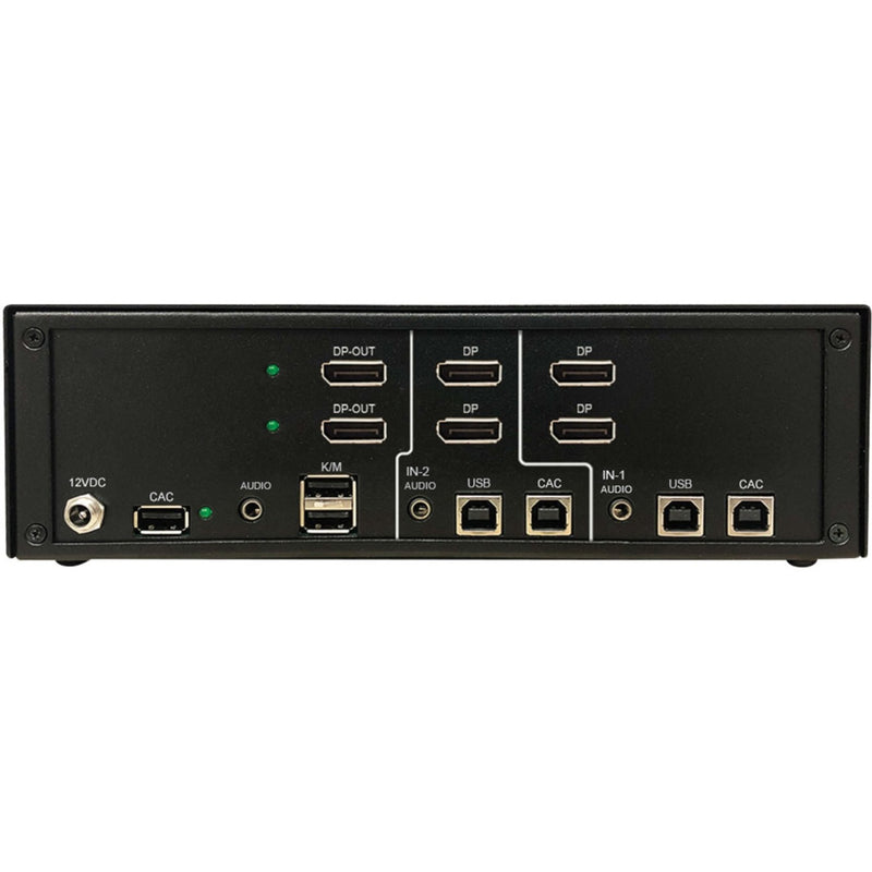 Rear panel view of KVM switch showing DisplayPort, USB, audio, and CAC card reader ports