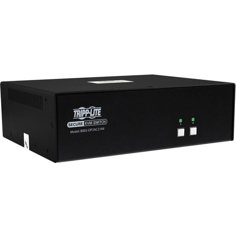 Front angled view of Tripp Lite B002-DP2AC2-N4 secure KVM switch showing black metal housing and port selection buttons with LED indicators