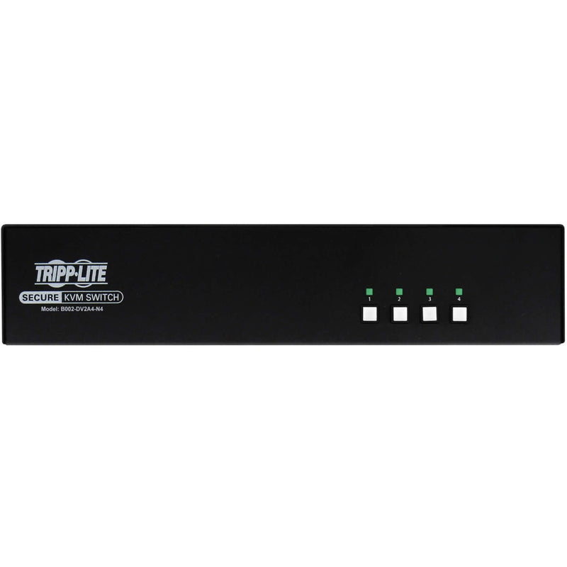 Direct front view of Tripp Lite secure KVM switch showing four port selection buttons and status LEDs