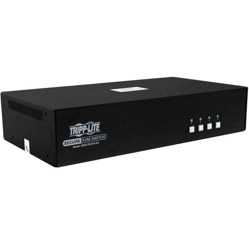 Front angled view of Tripp Lite B002-DV2A4-N4 secure 4-port KVM switch with LED indicators