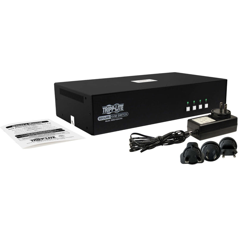 Complete package contents of Tripp Lite Secure KVM Switch including power supply and documentation