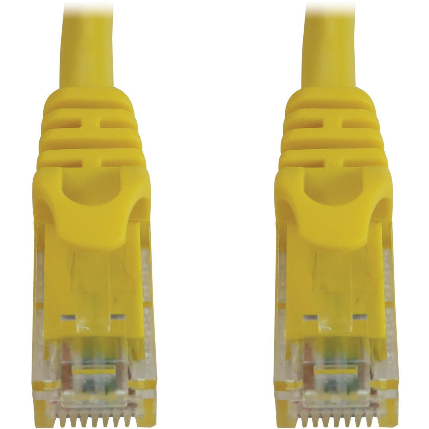 Close-up of yellow Cat6a cable RJ45 connector showing snagless boot design-alternate-image2