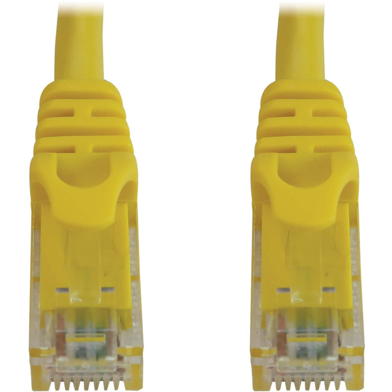 Close-up of yellow Cat6a cable RJ45 connector showing snagless boot design