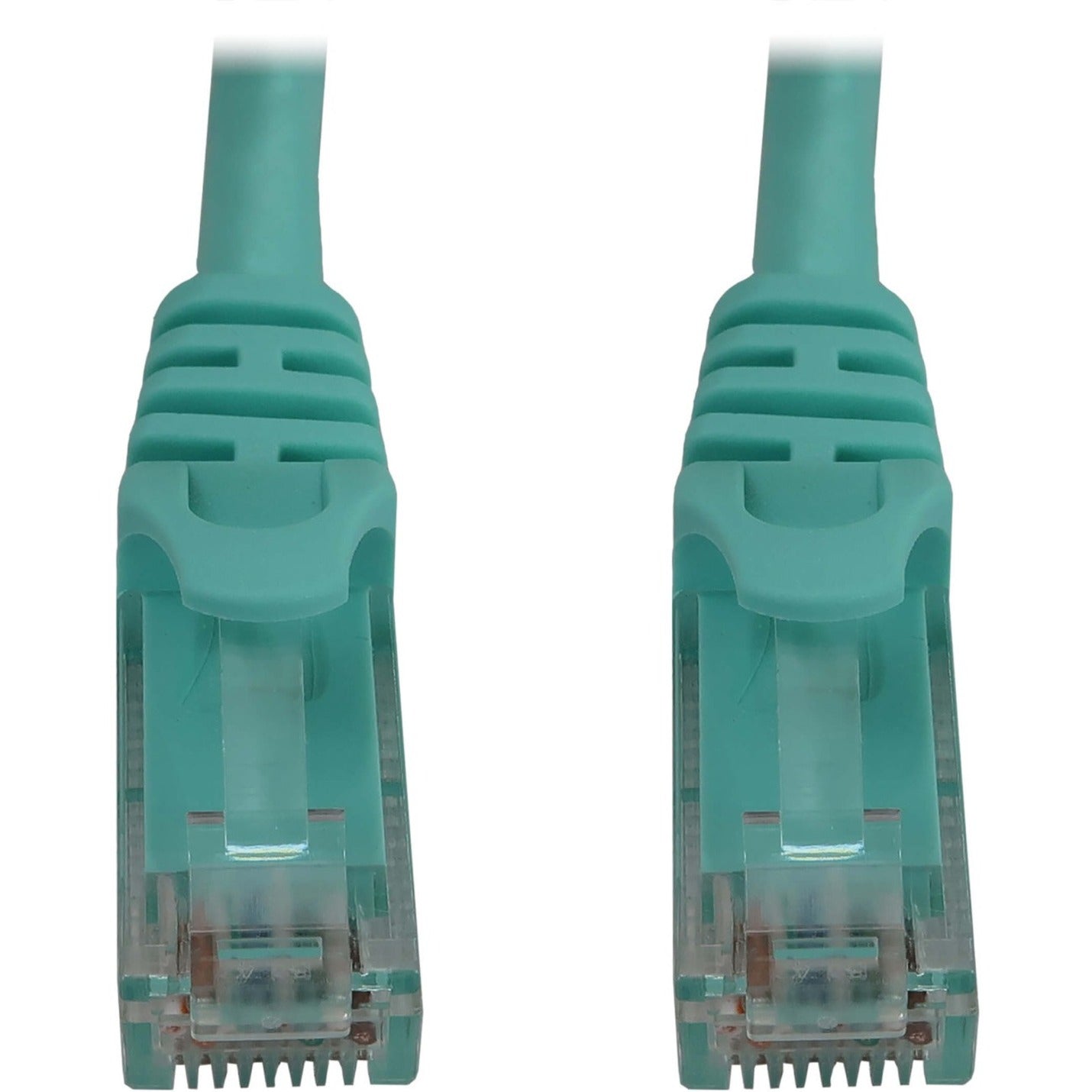 Close-up view of aqua Cat6a cable RJ45 connectors showing snagless boot design-alternate-image2