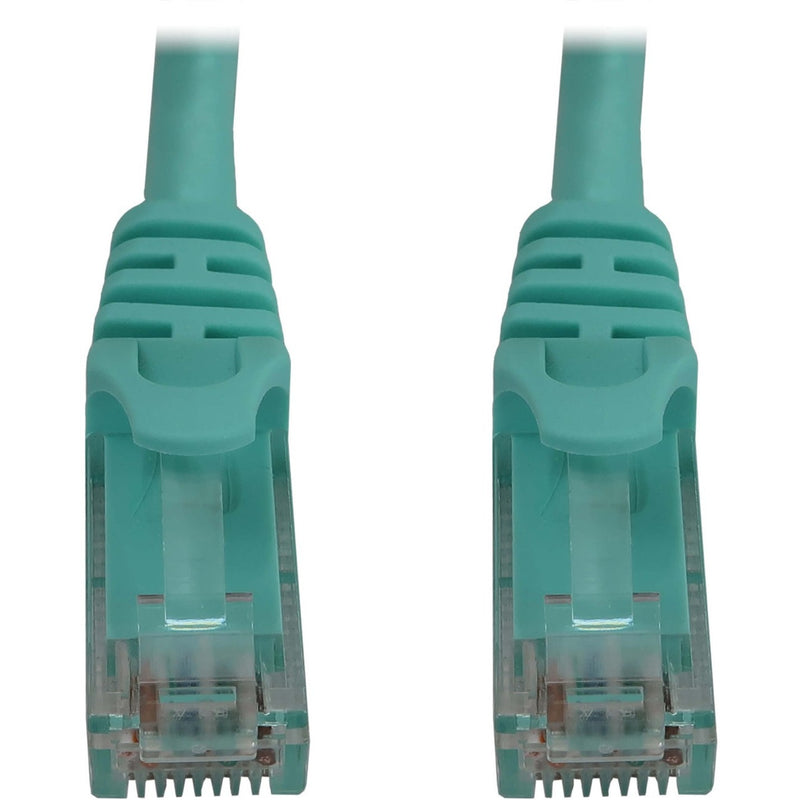 Close-up view of aqua Cat6a cable RJ45 connectors showing snagless boot design