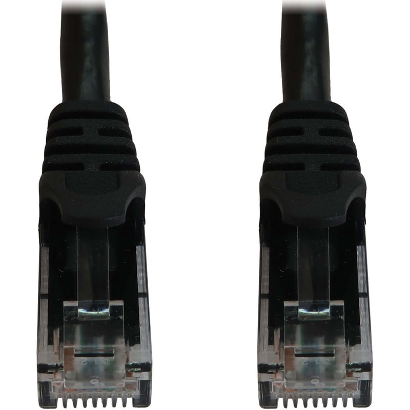 Close-up view of Cat6a RJ45 connector showing gold-plated contacts and snagless boot