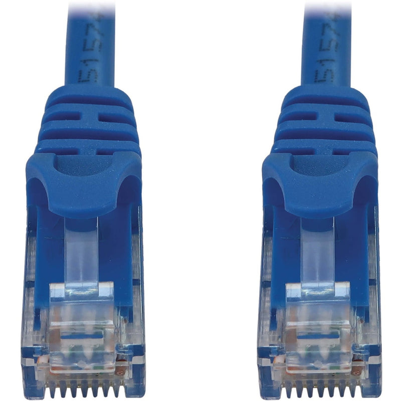 Close-up of blue snagless RJ45 connector showing protective boot design