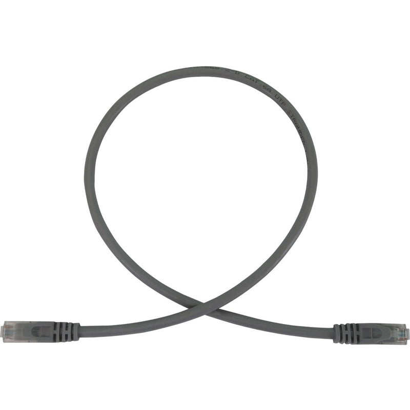 Gray Cat6a network cable with RJ45 connectors shown in full length against white background