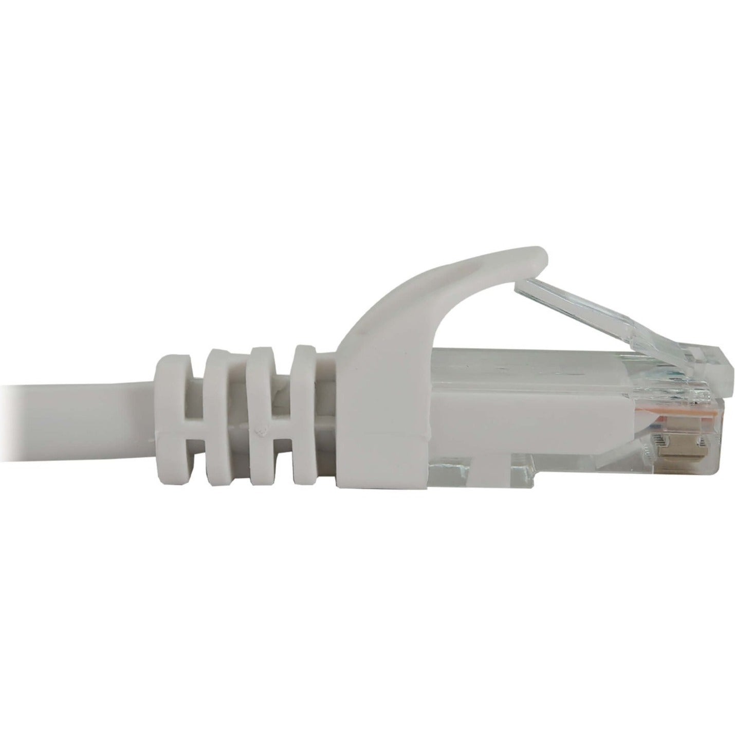 Close-up of white Cat6a cable snagless connector boot design-alternate-image2