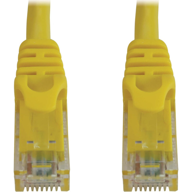 Close-up of yellow snagless RJ45 connector showing protective boot design