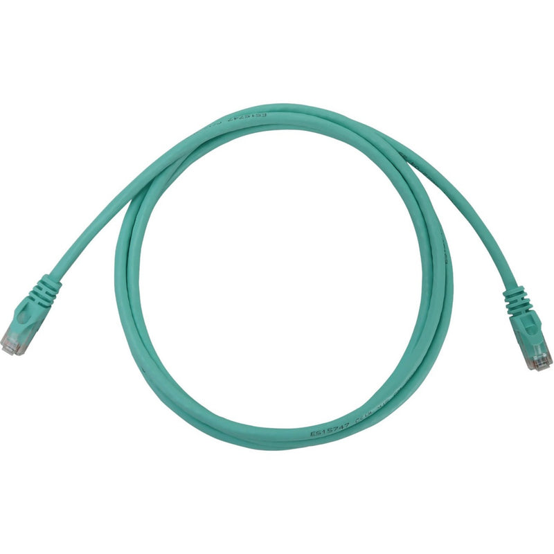 Tripp Lite Cat6a aqua ethernet cable with snagless RJ45 connectors, full cable view