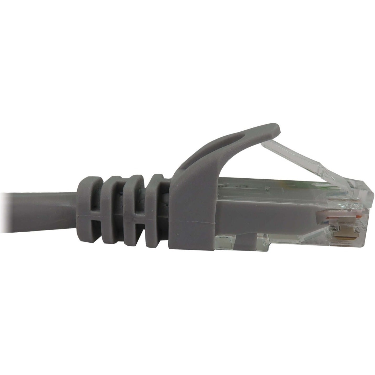 Close-up view of gray strain relief boot and RJ45 connector on Cat6a cable-alternate-image2