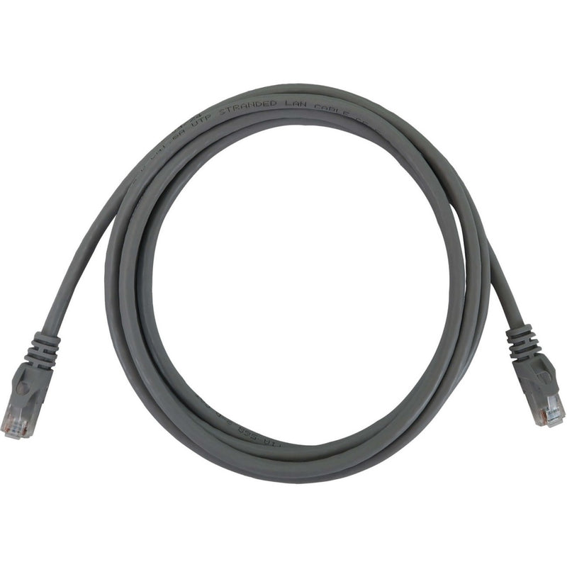 Gray Cat6a ethernet cable with RJ45 connectors coiled in circular pattern showing full cable length