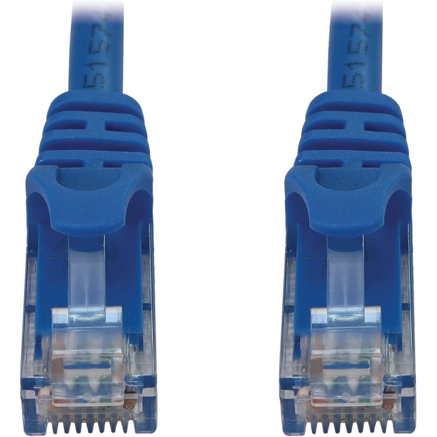 Close-up of blue Cat6a RJ45 connector showing gold-plated pins and snagless boot-alternate-image2