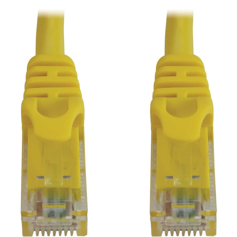 Close-up view of yellow snagless RJ45 connector showing protective boot design