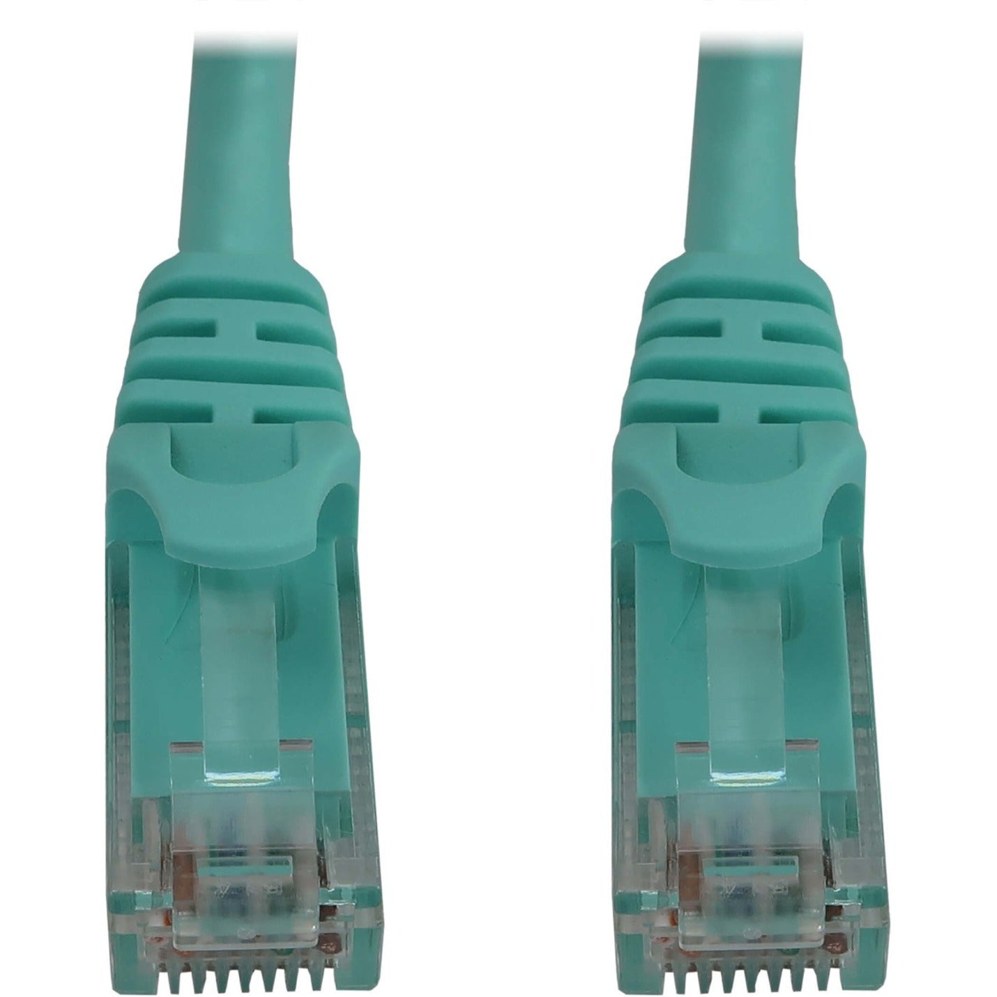 Close-up view of aqua Cat6a cable's snagless RJ45 connector design-alternate-image2