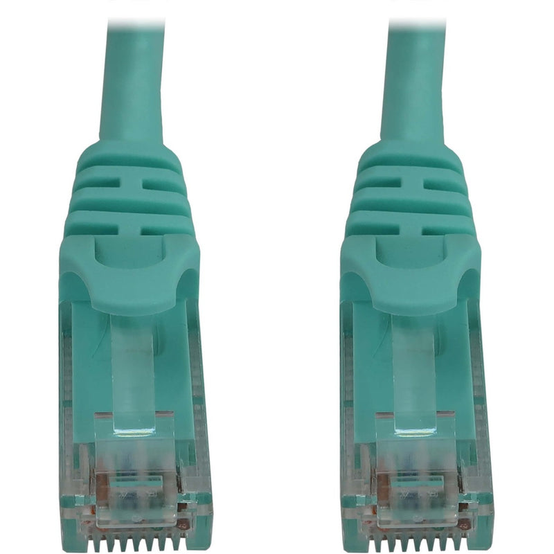 Close-up view of aqua Cat6a cable's snagless RJ45 connector design