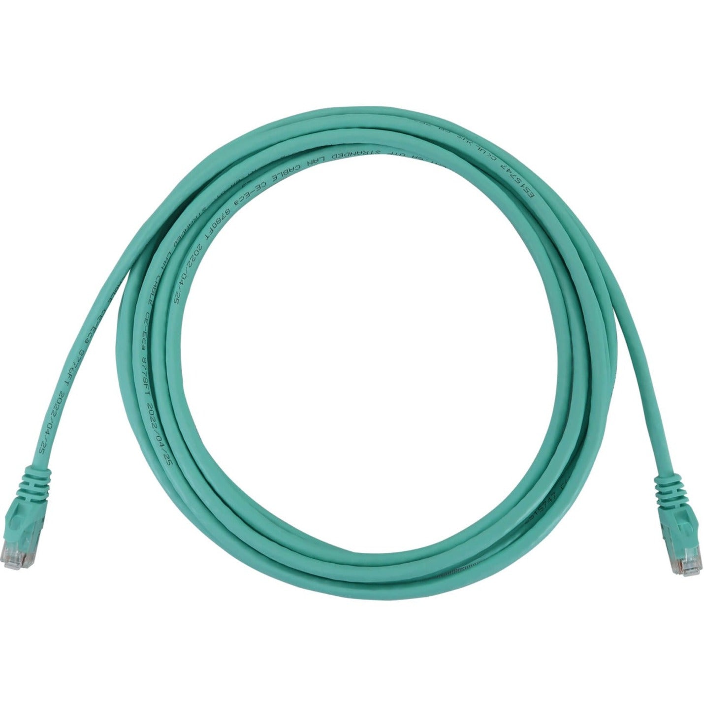 15-foot aqua Cat6a ethernet cable with RJ45 connectors coiled in circular shape-alternate-image1