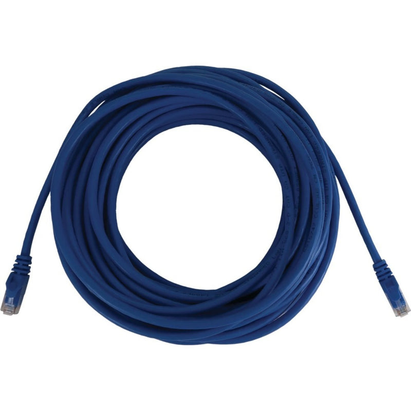 100-foot blue Cat6a network cable with RJ45 connectors coiled in circular pattern