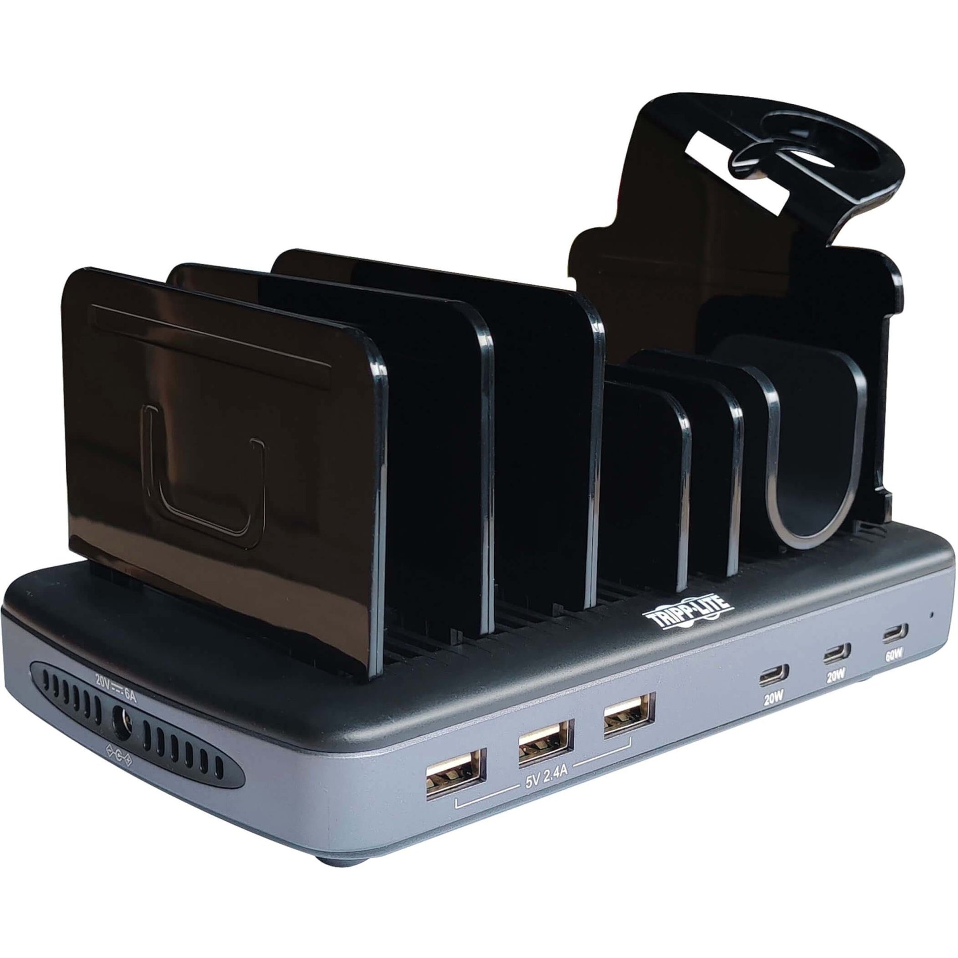 Front view of Tripp Lite USB charging station showing 6 ports and device storage brackets-alternate-image1