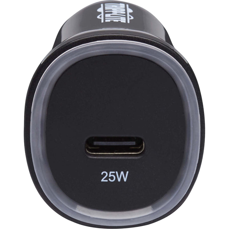 Top-down view of Tripp Lite car charger showing USB-C port and power rating