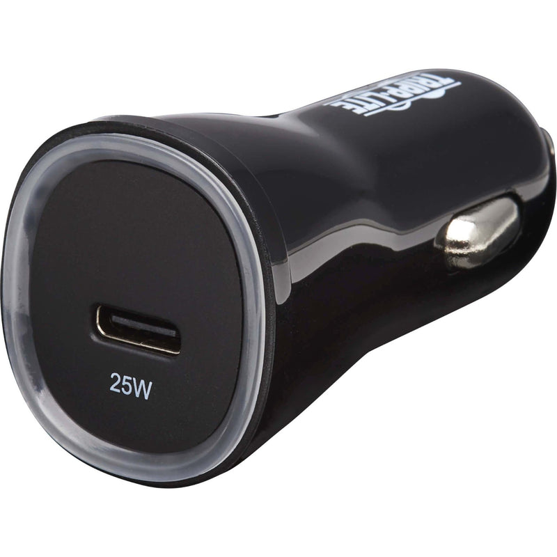 Close-up angle view of Tripp Lite car charger USB-C port and 25W marking