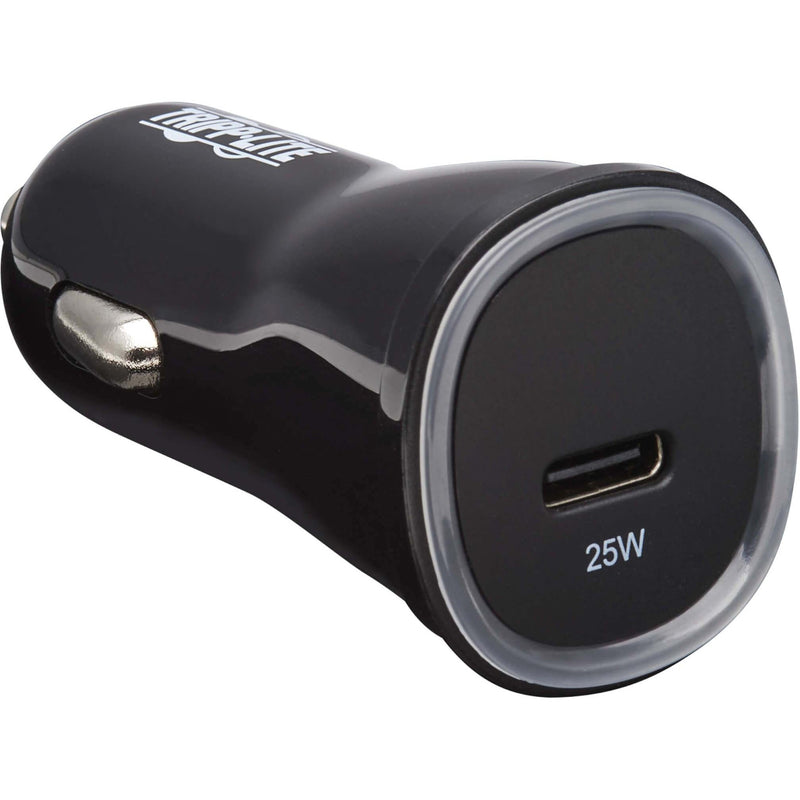 Front view of black Tripp Lite 25W USB-C car charger showing USB-C port and power rating