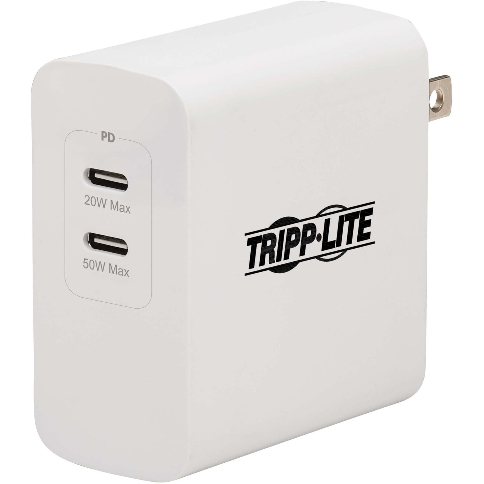 White Tripp Lite dual USB-C charger showing two ports labeled 20W Max and 50W Max with brand logo-alternate-image1