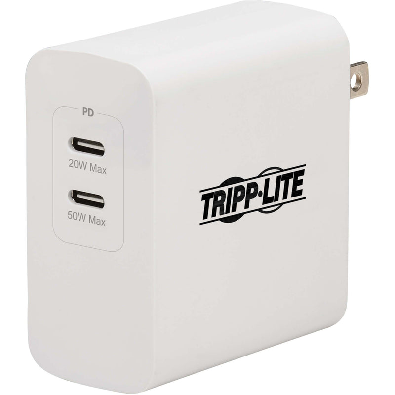 White Tripp Lite dual USB-C charger showing two ports labeled 20W Max and 50W Max with brand logo