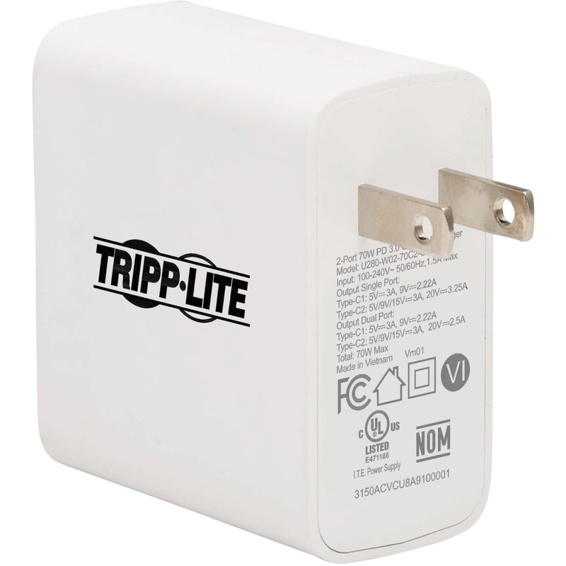 Close-up of Tripp Lite charger showing safety certifications and technical specifications