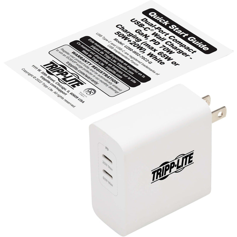 Tripp Lite charger with Quick Start Guide showing product specifications and usage instructions