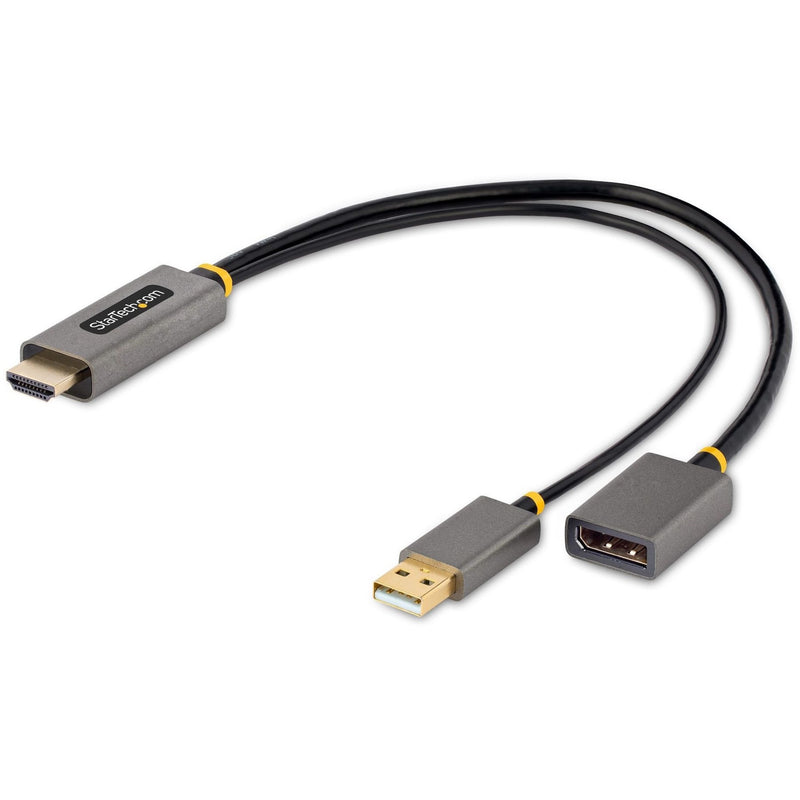 StarTech.com HDMI to DisplayPort adapter with extended cable design showing HDMI, USB, and DisplayPort connections