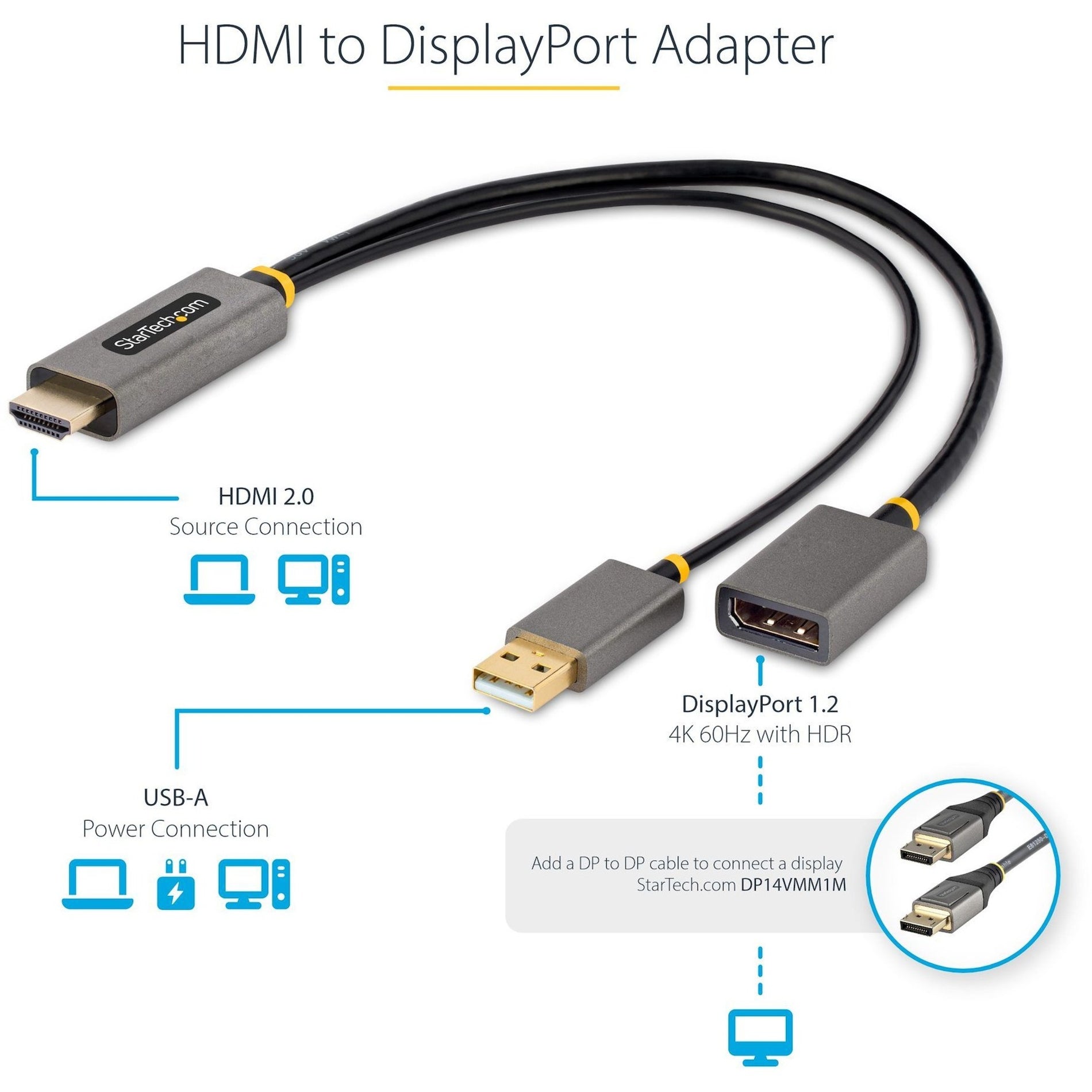 ستار تيك دوت كوم 128-HDMI-DISPLAYPORT محول HDMI إلى DisplayPort، 4K 60Hz HDR يعمل بالطاقة من USB