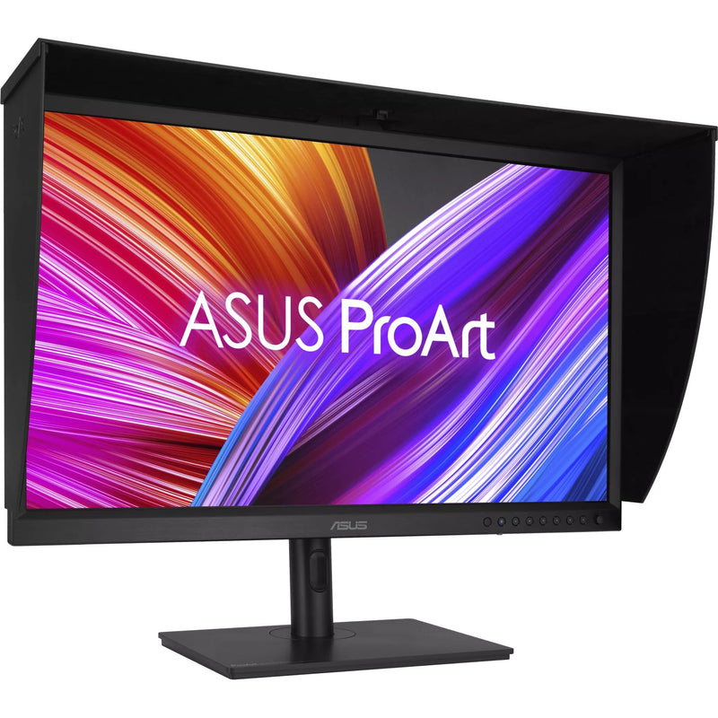 Side view of ASUS ProArt PA32DC with hood showing light control capabilities