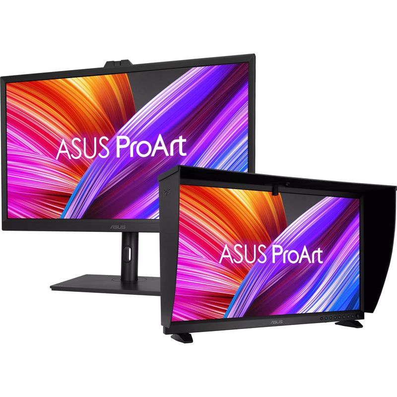 ASUS ProArt PA32DC monitor shown with both included stand options - ergonomic height-adjustable stand and desktop stand configuration