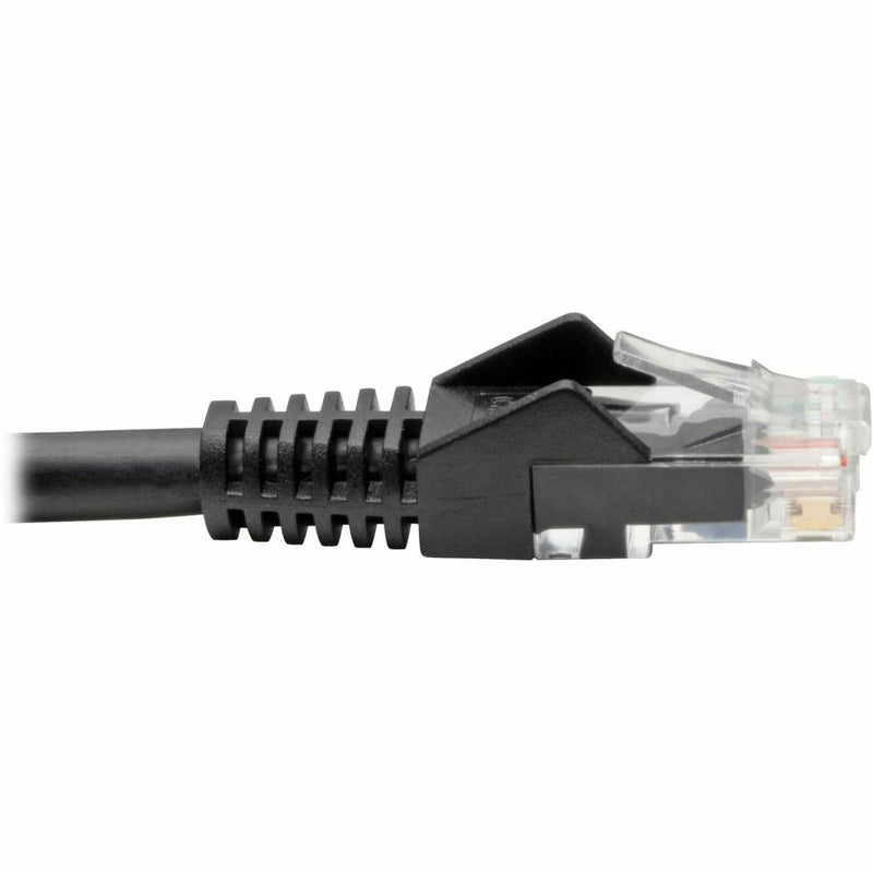 Close-up of Cat6 cable strain relief and connector interface