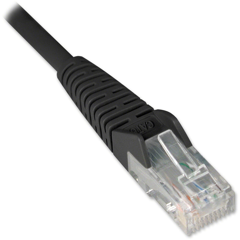 Close-up view of Tripp Lite Cat6 cable's snagless boot design and RJ-45 connector showing strain relief and clear connector housing