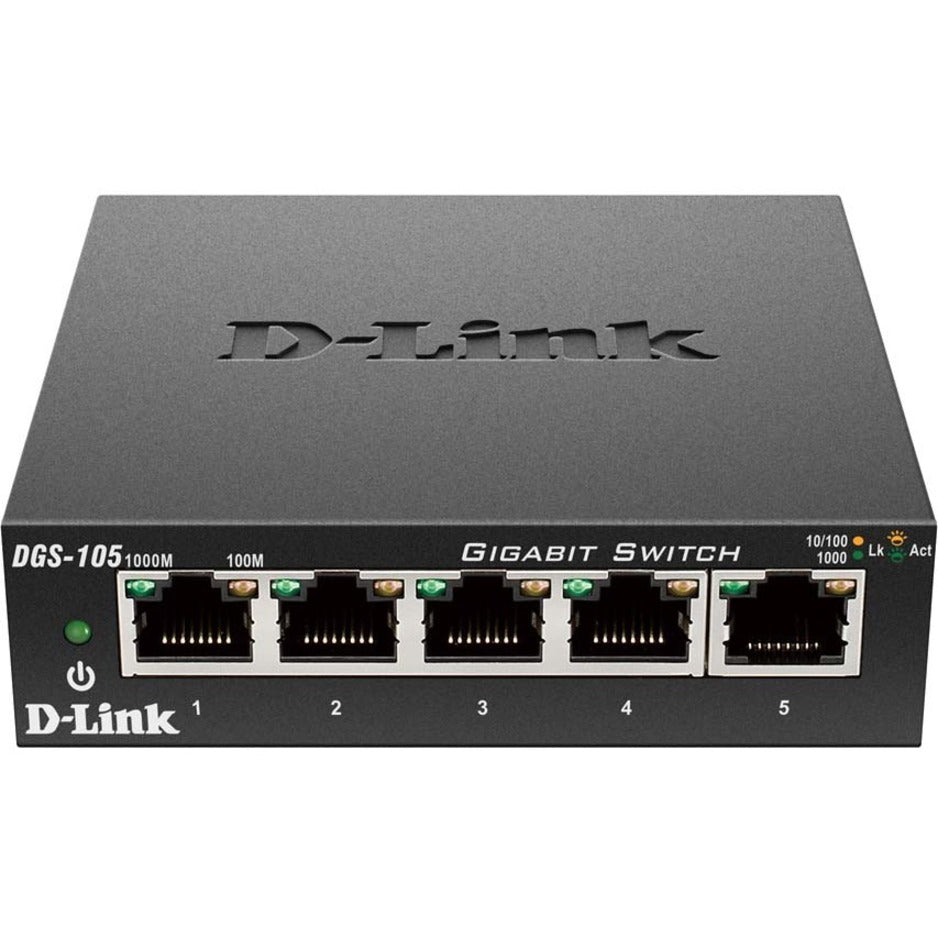 Front view of D-Link DGS-105 5-port Gigabit switch showing five Ethernet ports and status LEDs-alternate-image1