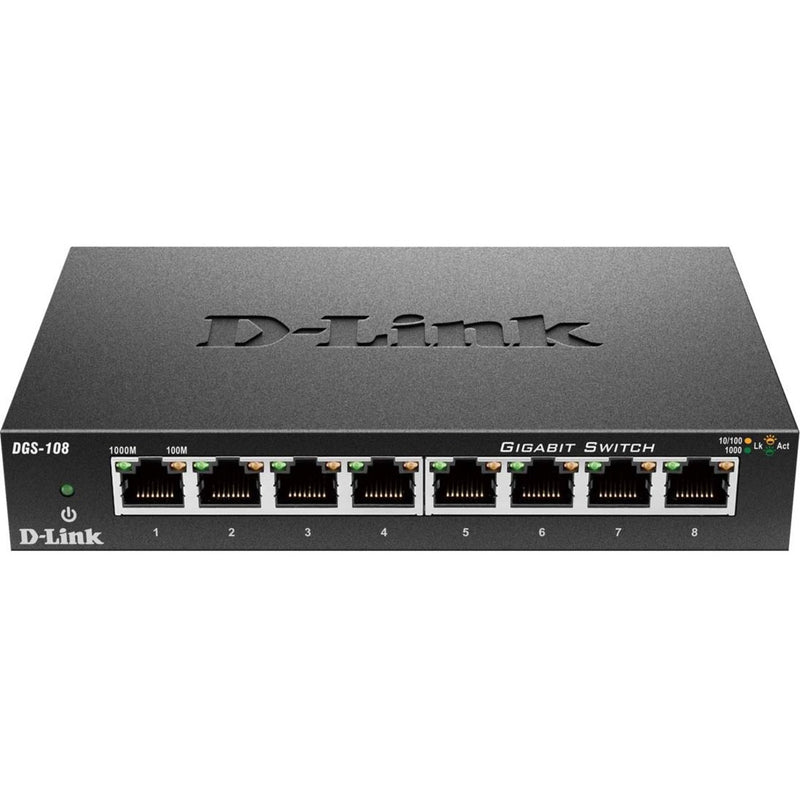 Front view of D-Link DGS-108 8-port Gigabit switch showing network ports and LED indicators