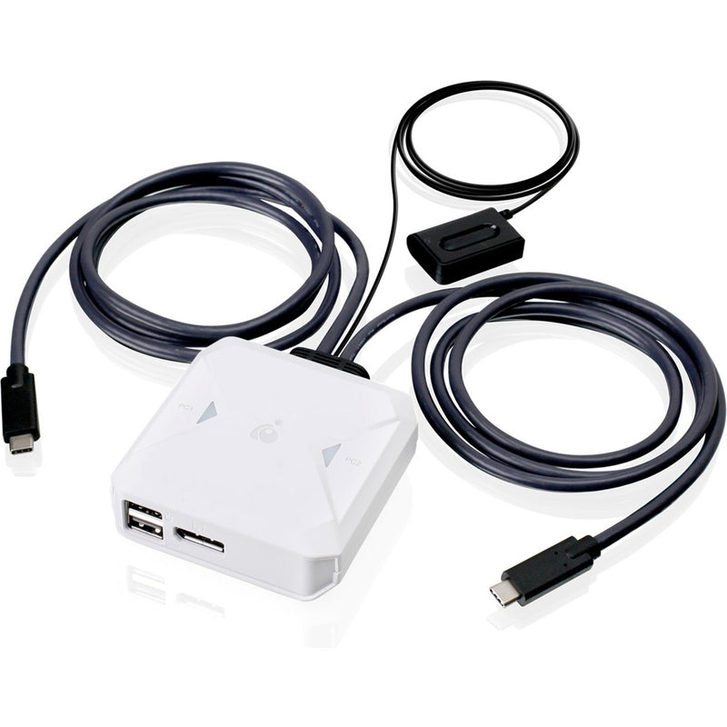 IOGEAR 2-port USB-C KVM switch with remote button and connected cables on white background