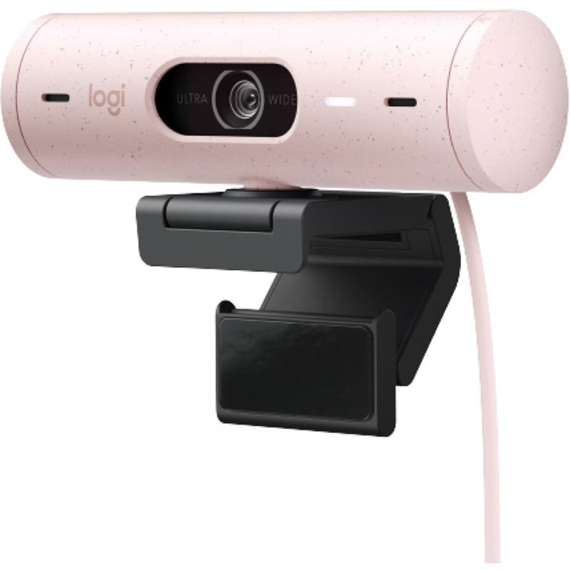 Logitech BRIO 500 webcam in rose color with ultra-wide lens and adjustable mounting clip