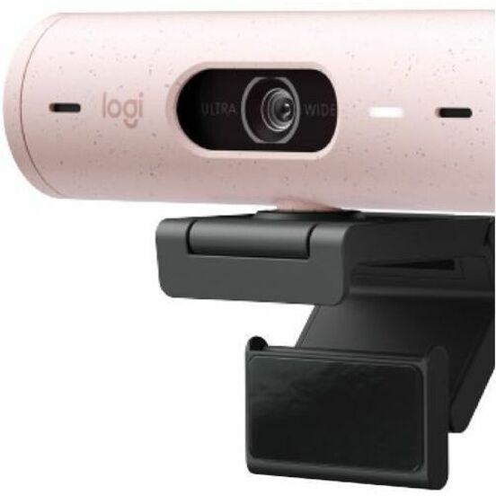 Close-up of Logitech BRIO 500 webcam mounting system and privacy features