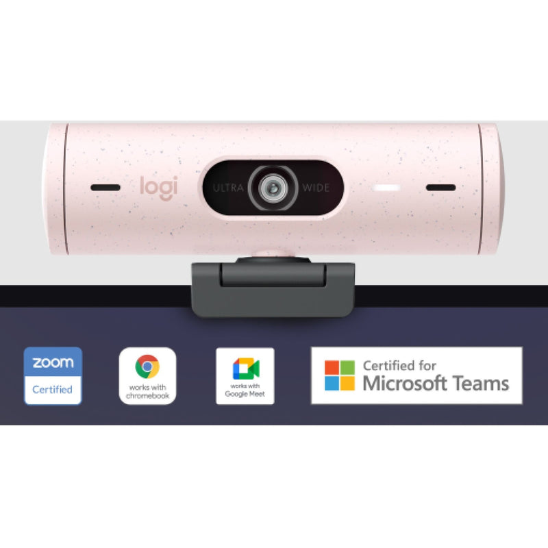 Logitech BRIO 500 webcam with platform certification logos