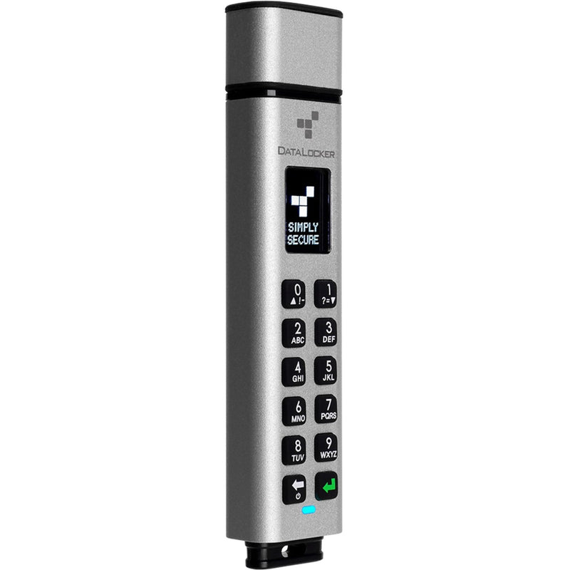 Front view of DataLocker Sentry K350 encrypted USB drive with keypad and display