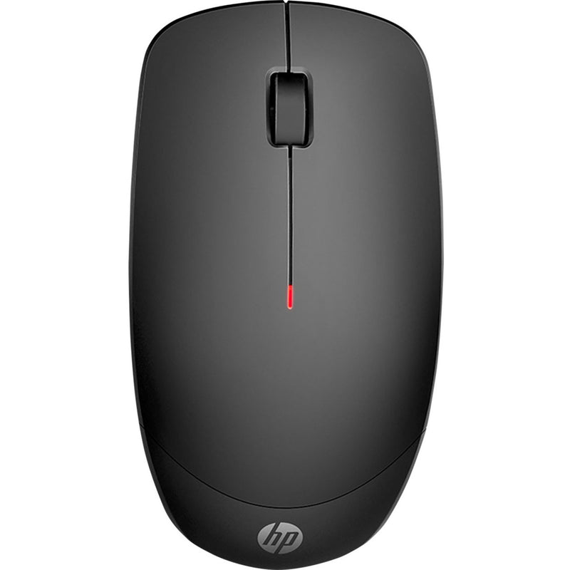 Top view of HP 235 Slim Wireless Mouse in black showing symmetrical design and red LED indicator