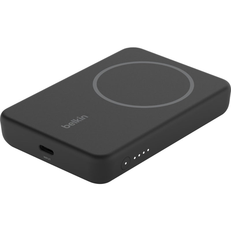 Belkin magnetic wireless power bank in black showing MagSafe charging surface and LED indicators