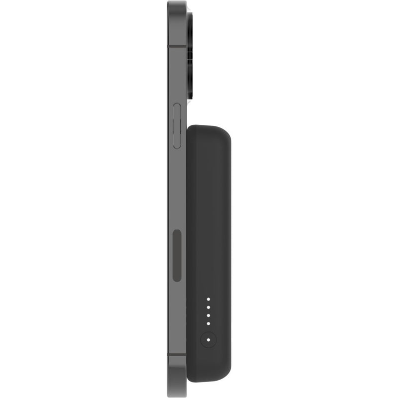 Side profile of iPhone and Belkin power bank showing thickness