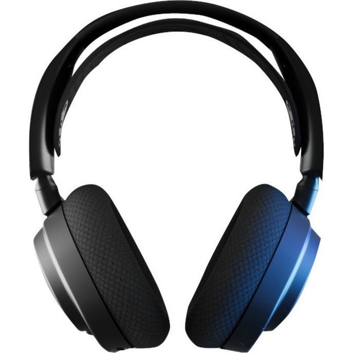 Side view of Arctis Nova 7 headset displaying dual-tone black and blue finish with memory foam ear cushions-alternate-image2