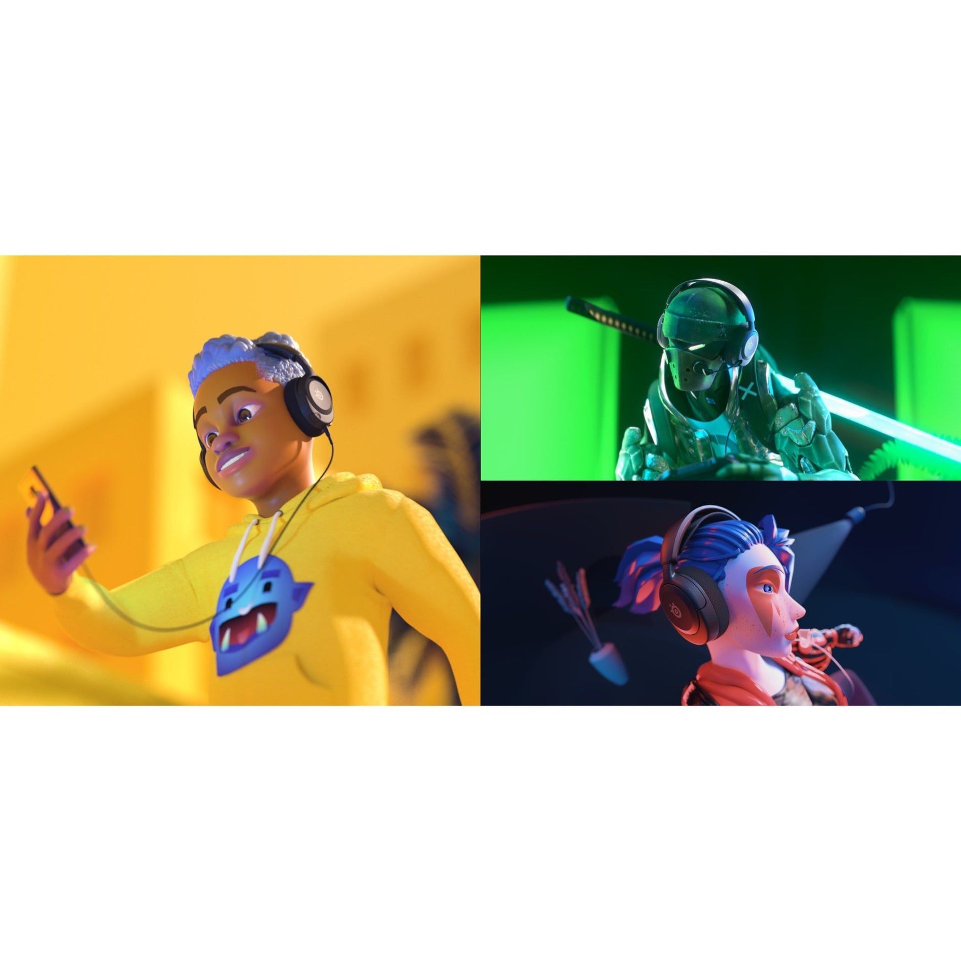 Collage of animated characters wearing Arctis Nova 1 in various gaming scenarios-alternate-image10