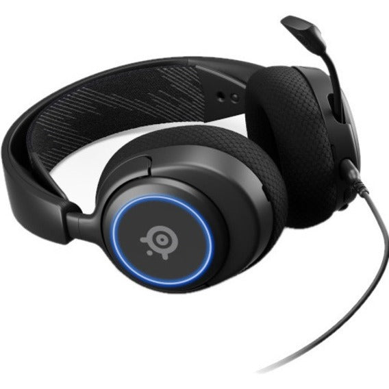 Side profile of Arctis Nova 3 gaming headset showing adjustable headband and microphone with blue RGB lighting-alternate-image2